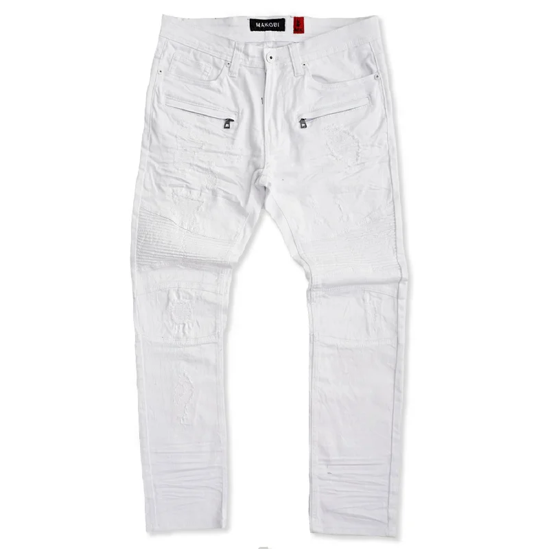 Comfortable Straight-Legged Jeans-M1786 Makobi Prado Biker Jeans with Rip & Repair - White