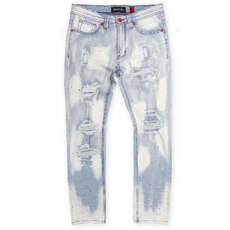 Lightweight Athletic Pants-M1725 Shredded Denim Jeans with Paint Splashes - Light Wash