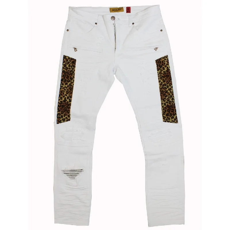 Trendy Checkered Pants-M1782 Ripped & Repair Jeans With Leopard Print Patch - White