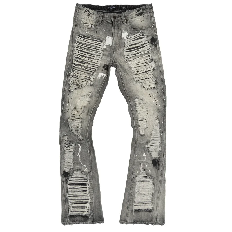 Comfortable Outdoor Work Pants-F1772 Basel Distressed Stacked Jeans - Gray