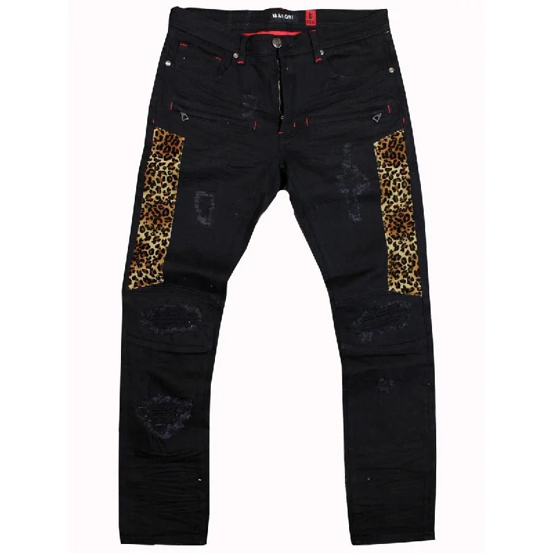 Premium Capri Pants-M1782 Ripped & Repair Jeans With Leopard Print Patch - Black/Black