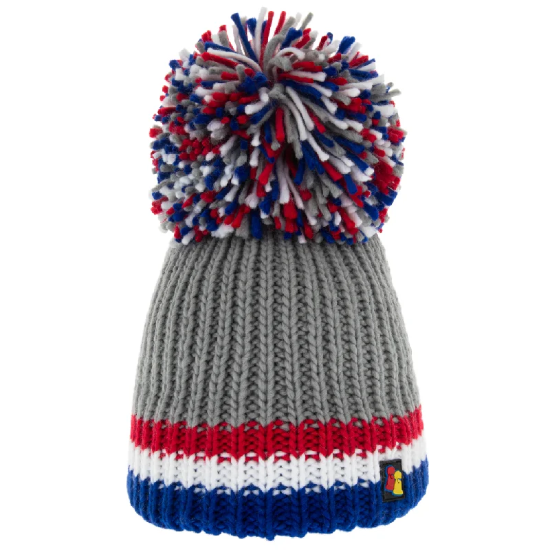 Fashionable Wool Felt Hat-Grey, Blue, White and Red Big Bobble Hat