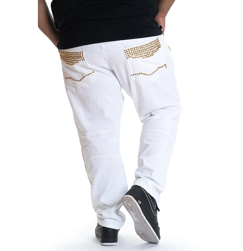 Trendy Vintage Pants-M1790 MAKOBI Bikers w/Rhinestone Pockets - White