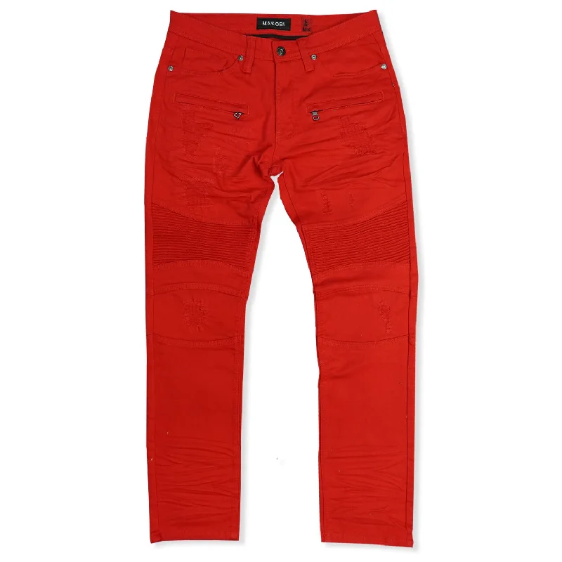 Premium Bootcut Jeans-M1786 Makobi Prado Biker Jeans with Rip & Repair - Red