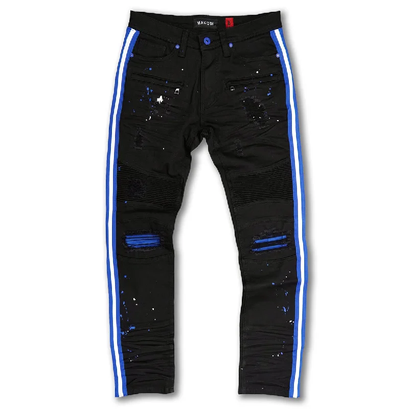 Stylish Trousers-M1983 Destin Biker Jeans- Black/Black (blue & white side tape)