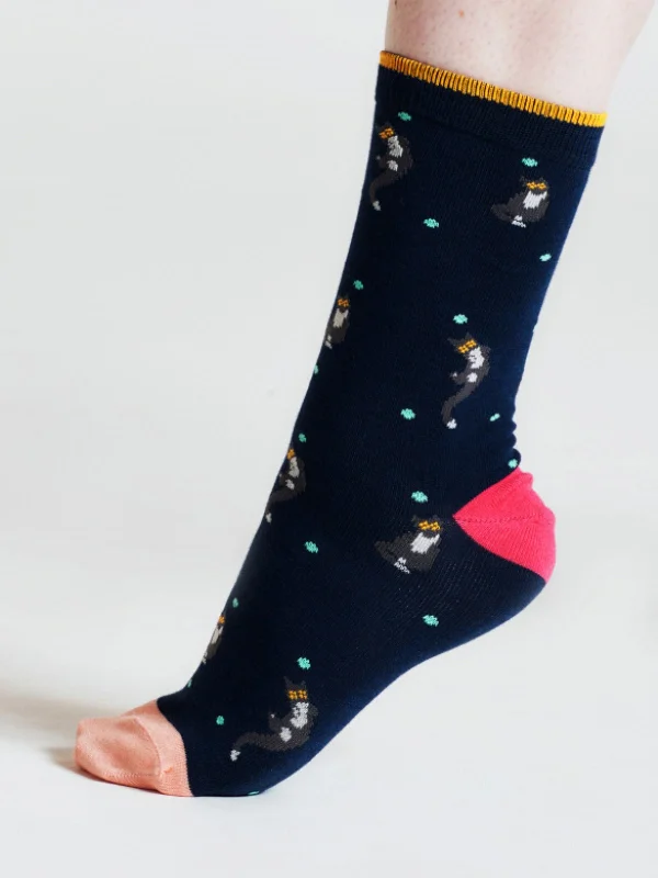 Trendy No-Show Socks-Serafina Cat Bamboo Socks - Navy