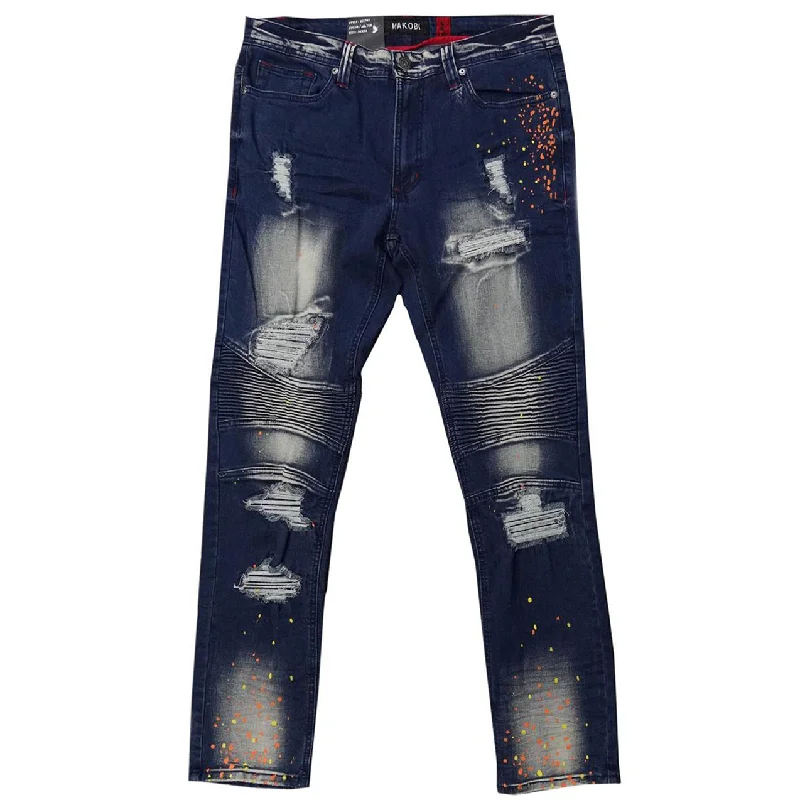 Premium Running Pants-M1783 Makobi Cape Biker Jeans with Paint Splash - Dark Wash