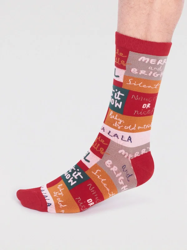 Lightweight Running Socks-Caleb Organic Cotton Christmas Slogan Socks - Bright Red