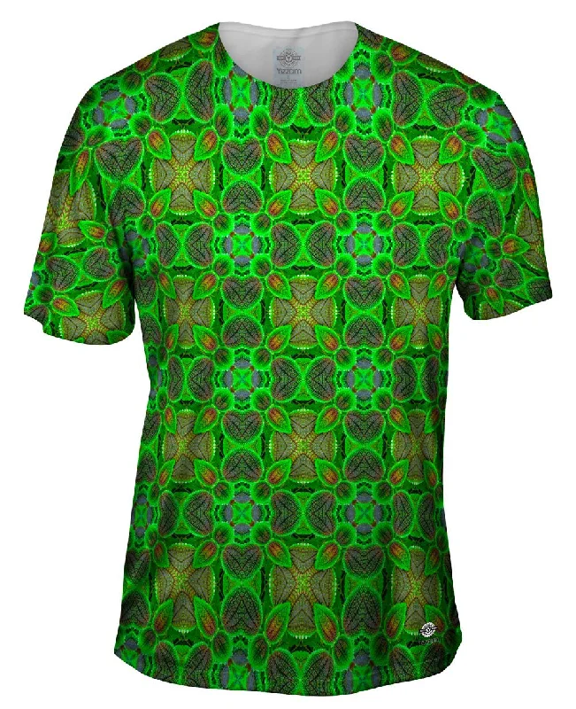 Casual Cotton T-Shirt-Green Foliage Pattern