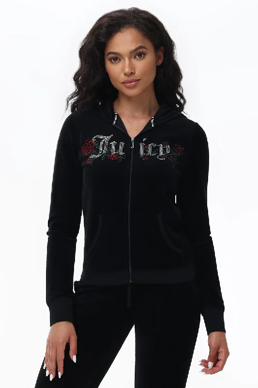 Comfortable Cotton Blend Hoodie-Juicy Roses Bling Cotton Velour Hoodie