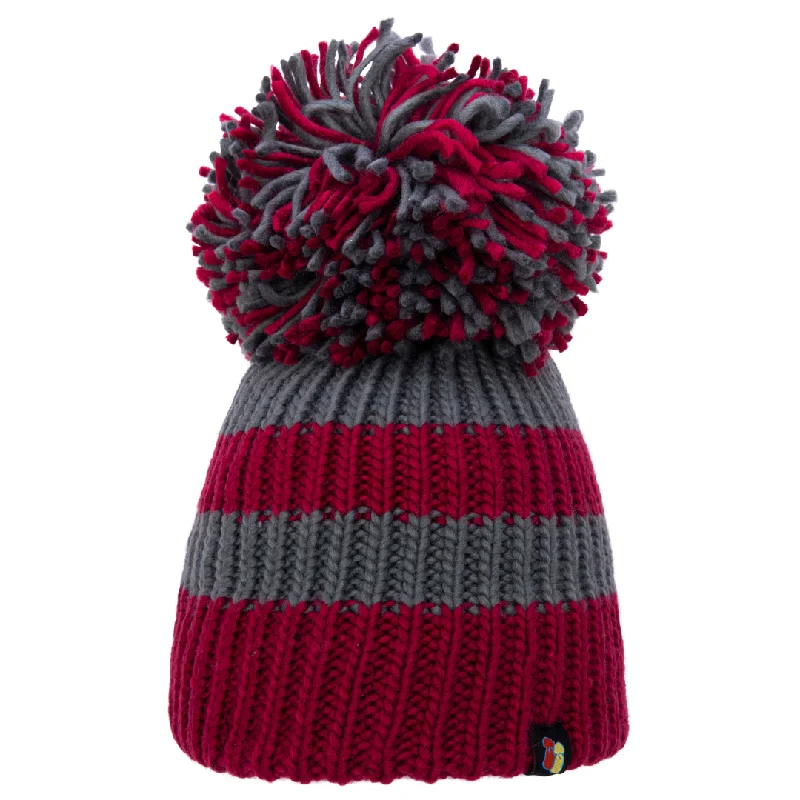 Comfortable Fleece Hat-Burgundy and Grey Big Bobble Hat