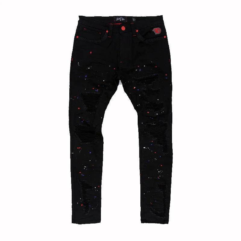 Stylish Trousers-F1778  Frost Shredded Jeans w/ paint - Black