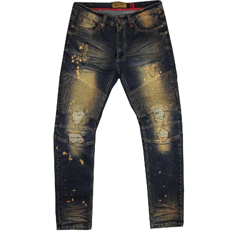 Trendy Fashion Pants-M1733 Biker Jeans With Bleach Spots - Dirt Wash