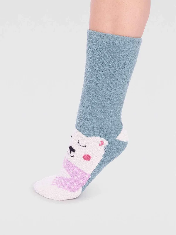 Comfortable Cozy Bed Socks-Billie Recycled Polyester Animal Fluffy Sock - Eucalyptus Blue