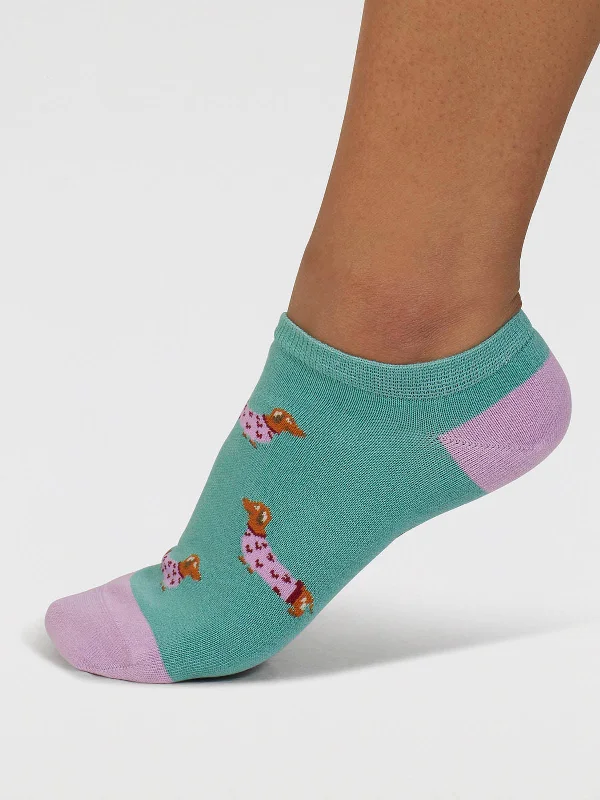 Custom Embroidered Socks-Freda Dachshund Organic Cotton Trainer Socks - Pine Green