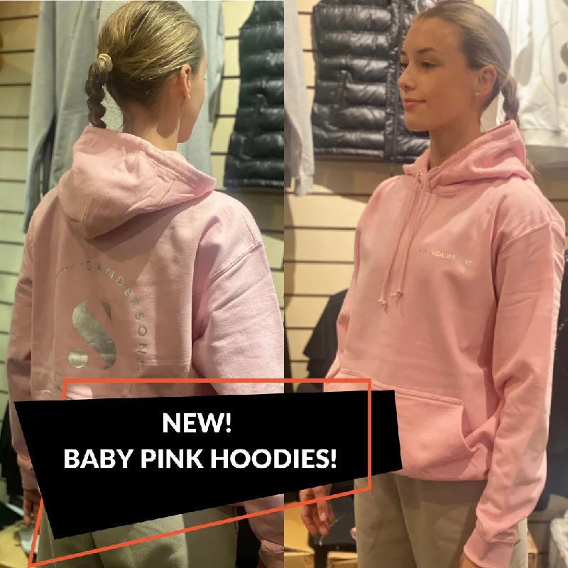 Cozy Comfy Hoodie-KIDS & ADULT SIZES BABY PINK SANDERSONS PULLOVER HOODIE BY AXZNT WITH METALLIC SILVER BADGE PRINT AND LARGE METALLIC SILVER PRINT & STONES