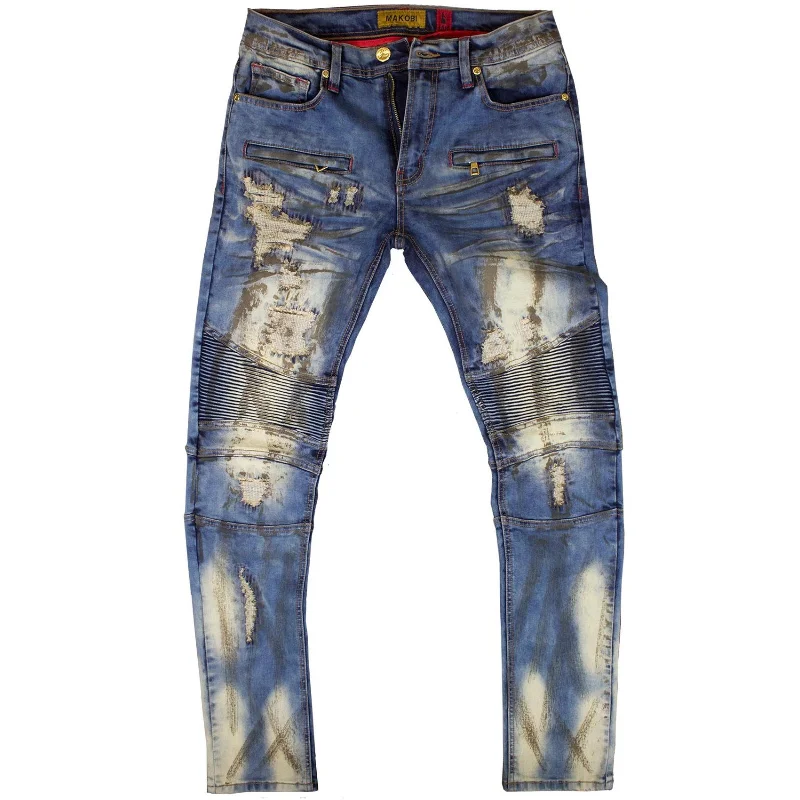 Comfortable Full-Length Pants-M1798 Makobi Biker Jeans with Blasting & Repair Stitching - Vintage Wash