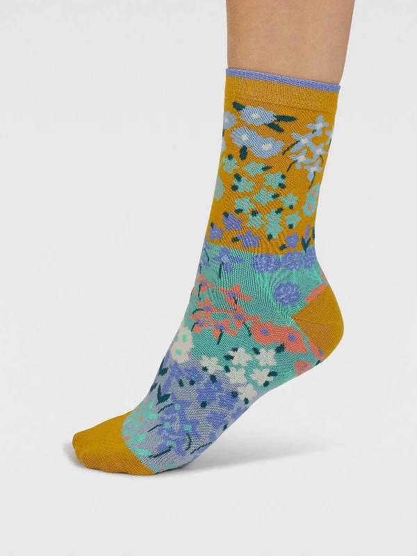 Relaxed Fit Long Socks-Marguerite Floral Organic Cotton Socks - Cumin Yellow