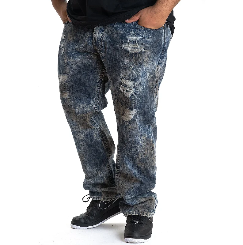 Stylish Fleece Sweatpants-M1778 Marbleized Ripped Jeans - Navy