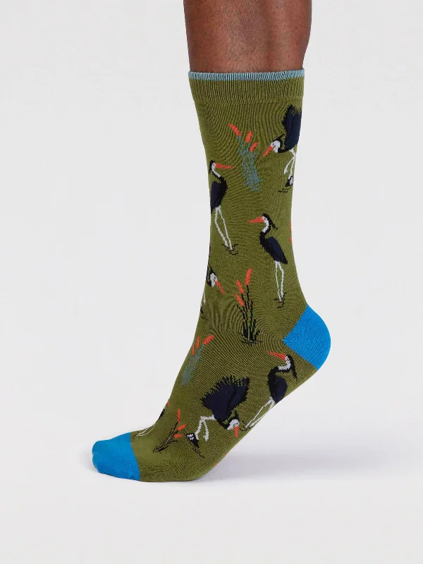 Premium Cushioned Socks-Gino Bamboo Heron Bird Socks - Moss Green