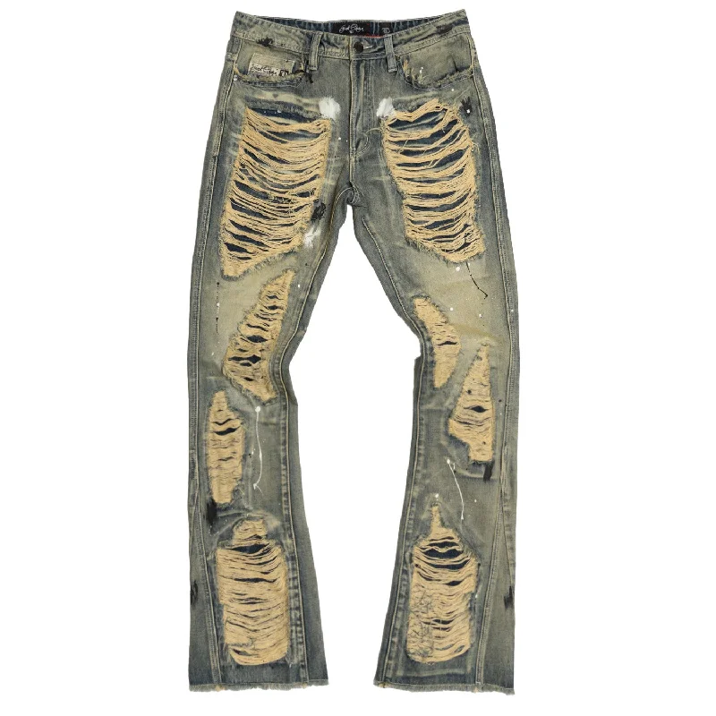 Stylish Track Joggers-F1772 Basel Distressed Stacked Jeans - Dirt