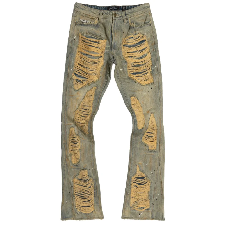 Premium Soft Cotton Pants-F1772 Basel Distressed Stacked Jeans - Antique Wash