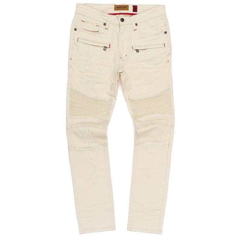 Trendy High-Waisted Pants-M1786 Makobi Prado Biker Jeans with Rip & Repair - Natural