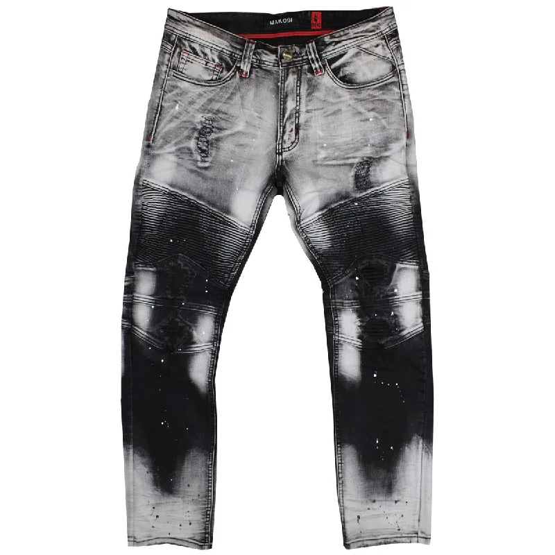 Comfortable Work Pants-M1733 Biker Jeans With Bleach Spots - Black Wash