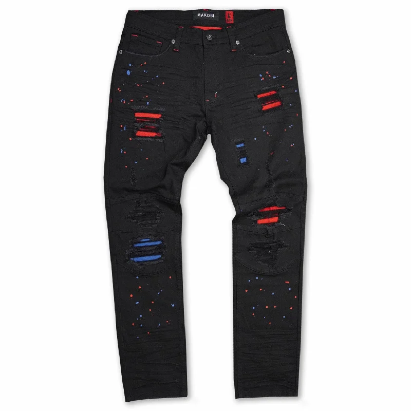 Stylish Velvet Pants-M1749 Makobi Sanded Biker Jeans with Rip & Repair - Black/Red