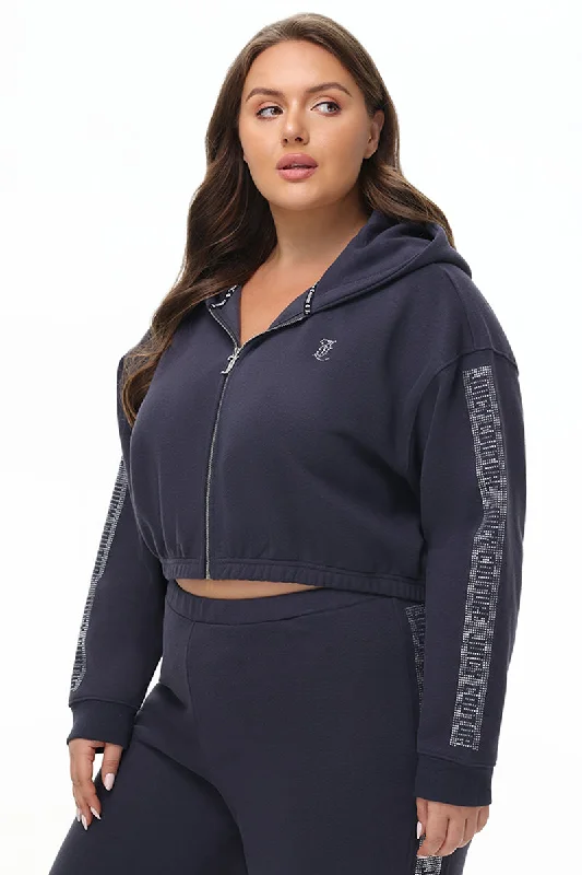 Soft Casual Hoodie-Plus-Size Cropped Fleece Hoodie With Side Bling