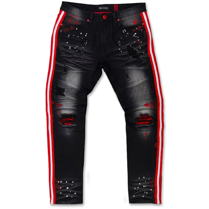 Custom Patterned Pants-M1983 Destin Biker Jeans - Black Wash (red & white side tape)