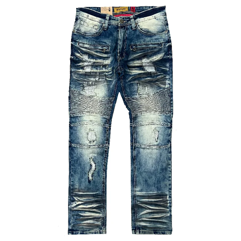 Relaxed Fit Joggers-M1786 Makobi Prado Biker Jeans with Rip & Repair - Vintage Wash (NEW)