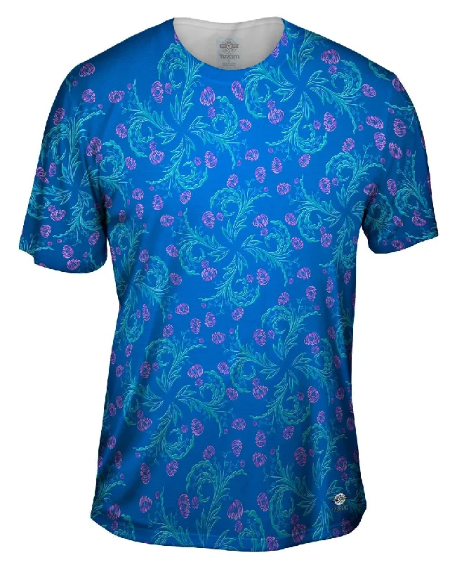 Relaxed Fit Printed T-Shirt-Garden Flower Blue Pink Foliage Pattern