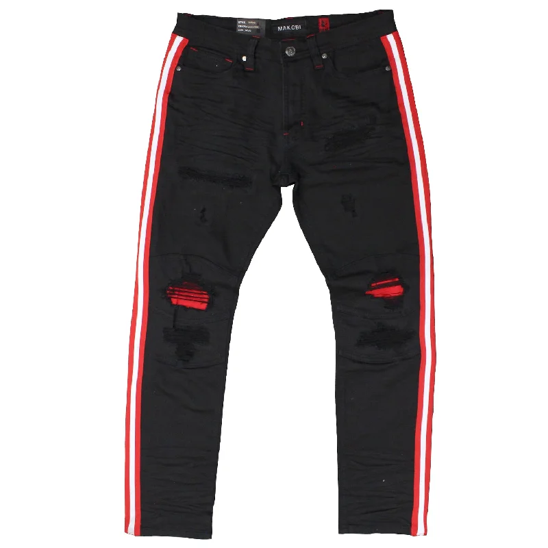 Soft Stretch Fit Pants-M1769 Makobi Cameo Denim Jeans - Black/Red