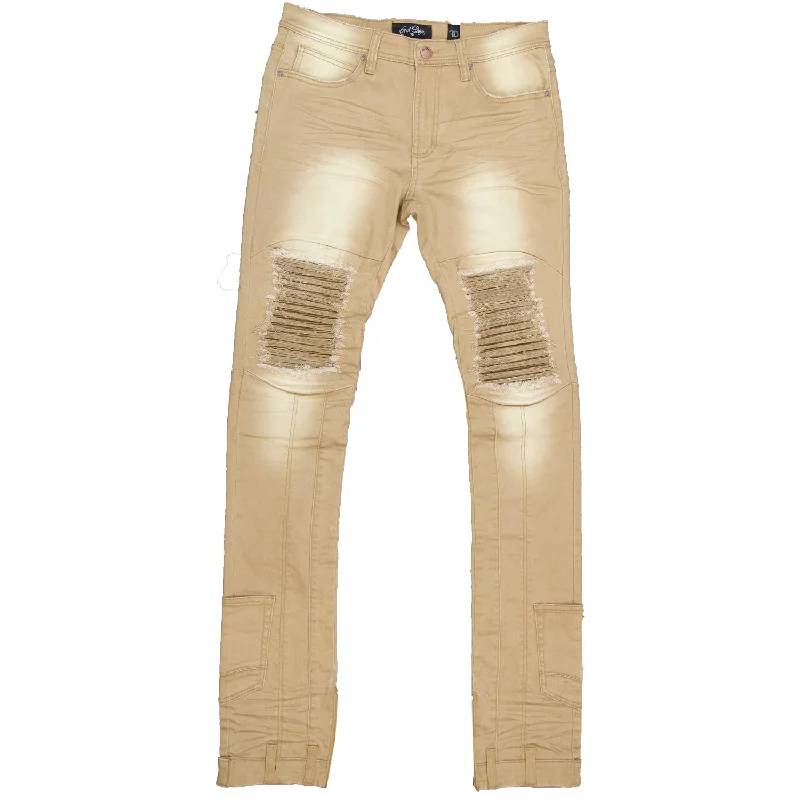 Stylish Zippered Pants-F1748 Shredded Biker Denim Jeans w/ Bottom Leg Zipper | 40-inch Inseam - Khaki