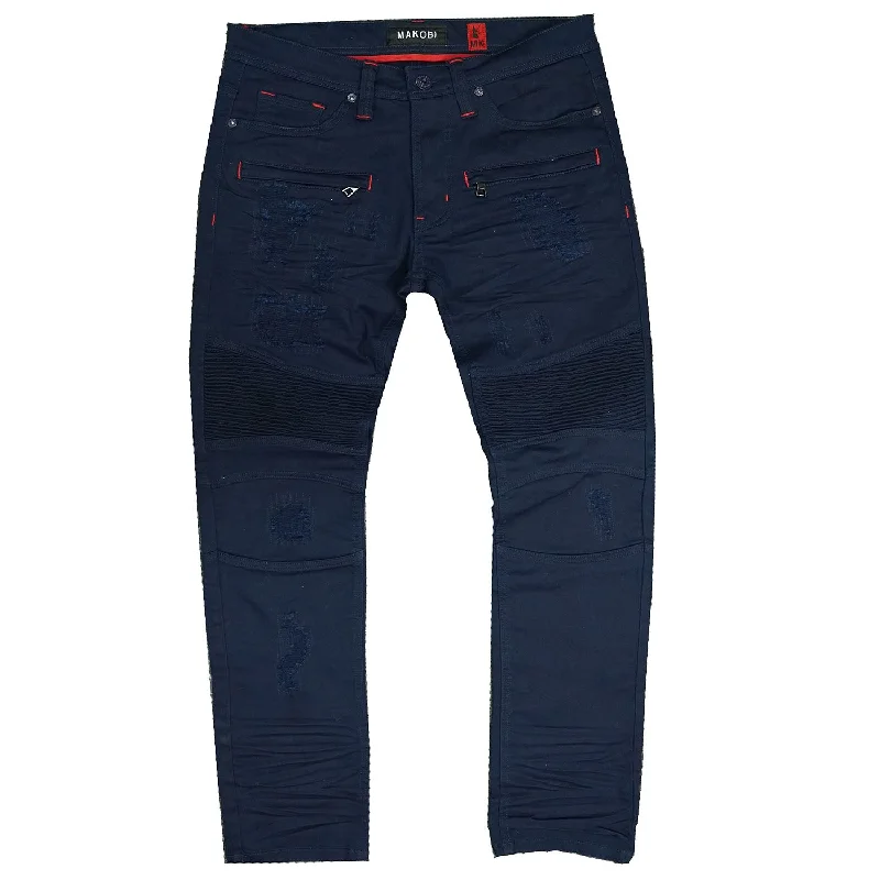 Comfortable Stretch Joggers-M1786 Makobi Prado Biker Jeans with Rip & Repair - Navy